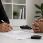 The image presents a realistic and minimalist representation of a financial agreement in a professional environment. Two individuals are positioned across a clean desk while a contract, a pen, and subtle automotive elements symbolize financial responsibility and shared accountability. The balanced lighting and neutral tones reinforce the serious and cautious atmosphere associated with credit obligations and financial commitment in the United States.